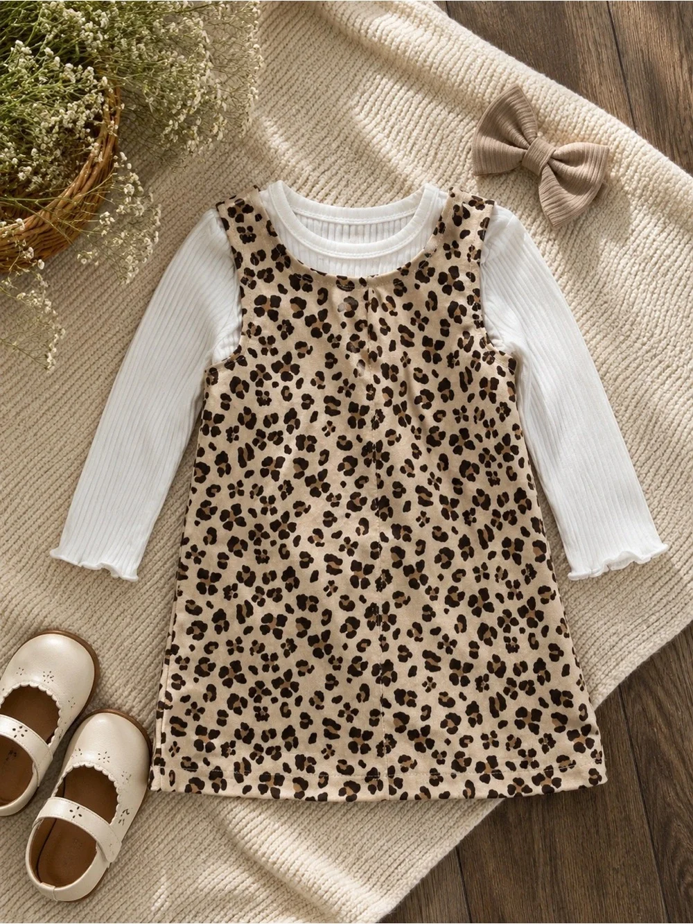 Leopard-Print Pinafore Dress with White Ribbed Top